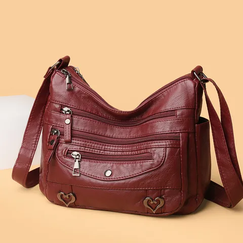 Dames Vintage PU Leer Crossbody Tas Multi-Pocket Grote Capaciteit Schoudertas Met Hart Decor Casual Woon-Werkverkeer Handtas