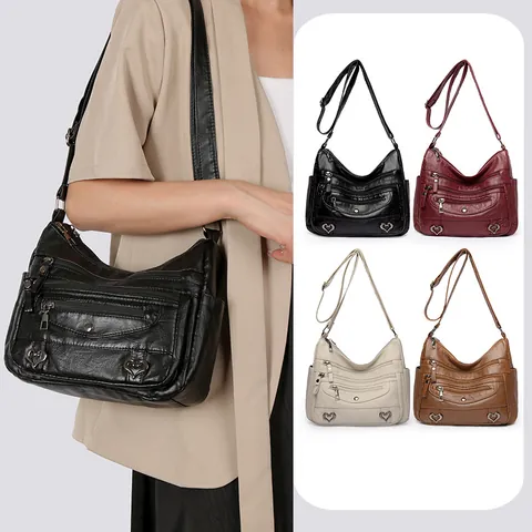 Dames Vintage PU Leer Crossbody Tas Multi-Pocket Grote Capaciteit Schoudertas Met Hart Decor Casual Woon-Werkverkeer Handtas
