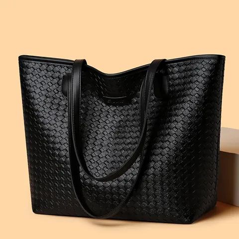 Modische Damen Einkaufstasche aus PU-Leder mit Webmuster Großes Fassungsvermögen Minimalistische Schultertasche Handtasche