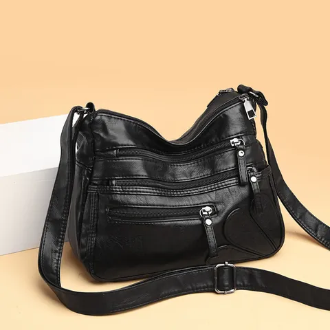 Women Vintage Washed PU Leather Crossbody Bag Large Capacity Multi Zipper Shoulder Bag Heart Stitching Travel Daily Fashion Satchel