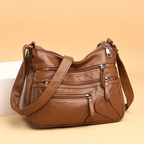 Women Vintage Washed PU Leather Crossbody Bag Large Capacity Multi Zipper Shoulder Bag Heart Stitching Travel Daily Fashion Satchel