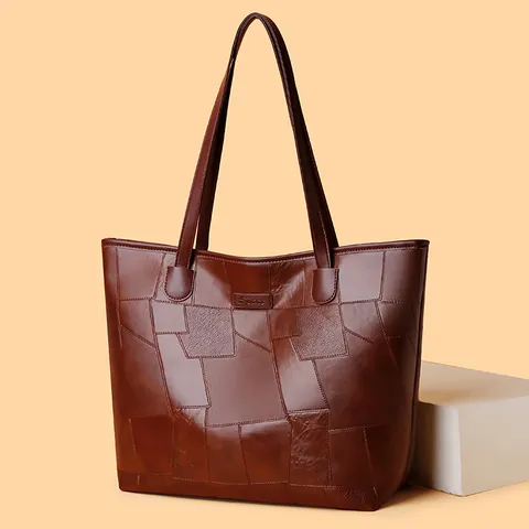 Damen PU Leder Tote Bag Große Kapazität Mode Gewebt Geometrische Patchwork Schultertasche Lässig Pendler Unterarm Handtasche