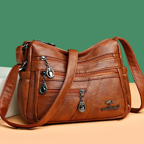 Damen Umhängetasche mit Mehreren Taschen PU-Leder Weich Lychee-Struktur Schultertasche Minimalistisch Känguru-Logo Handtasche