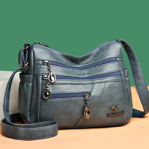 Damen Umhängetasche mit Mehreren Taschen PU-Leder Weich Lychee-Struktur Schultertasche Minimalistisch Känguru-Logo Handtasche