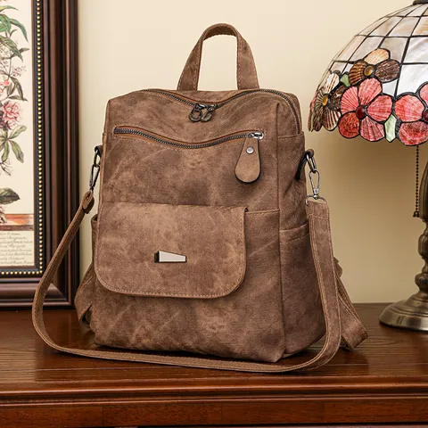 Vintage Washed PU Leather Backpack For Women Large Capacity Multi-Pocket Travel Shoulder Bag Casual Fashion School Bag