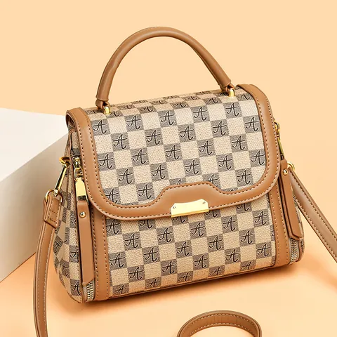 Damen Mode PU Leder Schachbrett Handtasche Mit Buchstaben Monogramm Gold Hardware Umhängetasche Für Den Täglichen Gebrauch