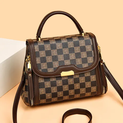 Damen Mode PU Leder Schachbrett Handtasche Mit Buchstaben Monogramm Gold Hardware Umhängetasche Für Den Täglichen Gebrauch