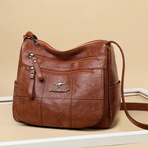 Sac Bandoulière Femme en Cuir PU Mode Multi Fermetures Éclair Grande Capacité Sac à Épaule Texture Litchi Décontracté