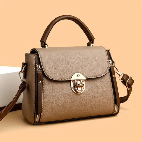 Vintage PU Leder Kieselmaserung Umhängetasche Für Damen Mode Kontrastgriff Goldene Hardware Schulter Handtasche Alltag