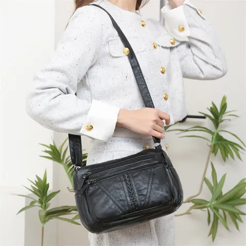 Sac Bandoulière Vintage en Cuir PU pour Femmes Sac à Main Souple Multi Poches Décor Tressé pour Mères et Femmes d'âge Moyen