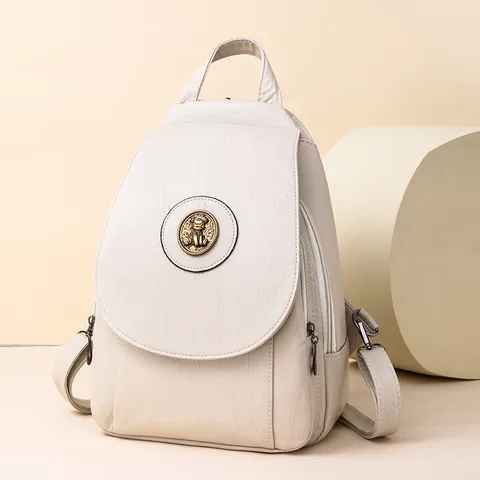 Women Fashion PU Leather Backpack Vintage Animal Emblem Large Capacity Multi Pocket Casual Travel Bag Crossbody Chest Bag