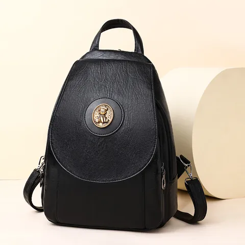 Women Fashion PU Leather Backpack Vintage Animal Emblem Large Capacity Multi Pocket Casual Travel Bag Crossbody Chest Bag