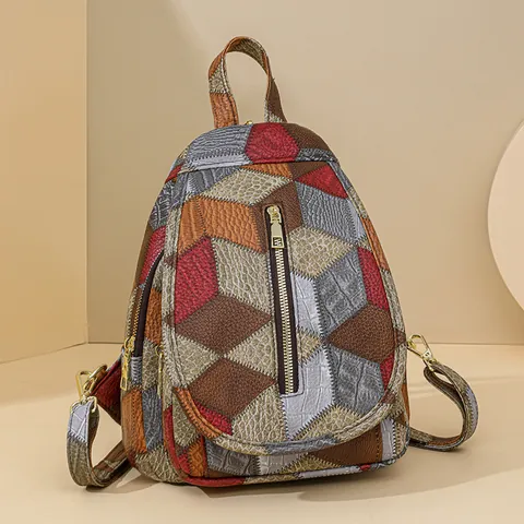 Damen Mode Patchwork Rucksack Multifunktionale Geometrische Muster PU Leder Brusttasche Große Kapazität Lässige Reise Schultertasche Gold Hardware