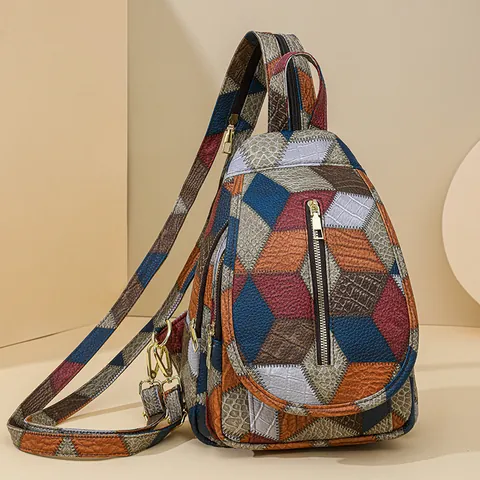 Damen Mode Patchwork Rucksack Multifunktionale Geometrische Muster PU Leder Brusttasche Große Kapazität Lässige Reise Schultertasche Gold Hardware