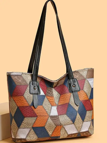 Sac Cabas Patchwork Géométrique Mode pour Femmes Cuir PU Grande Capacité Sac à Épaule Motif 3D Vintage Sac à Main de Travail
