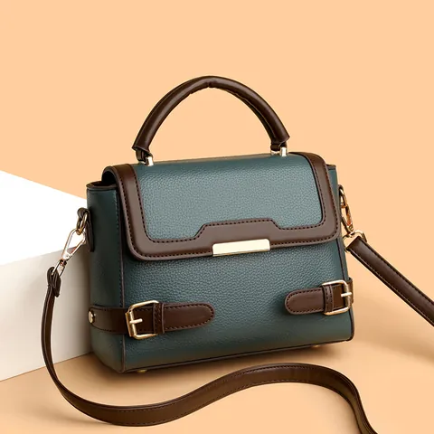 Women's Vintage PU Leather Handbag Contrast Color Lychee Texture Small Square Crossbody Bag With Gold Hardware