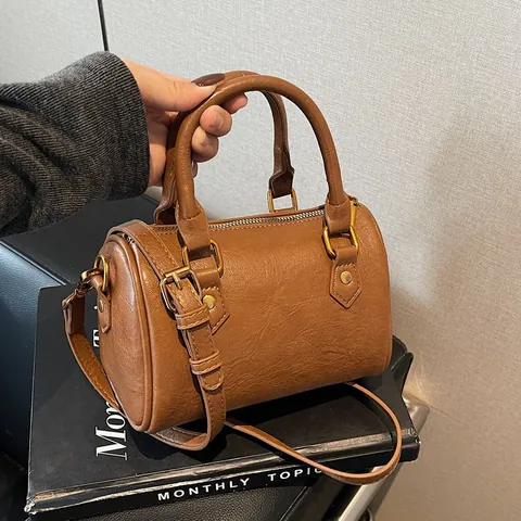 Bolso Boston Vintage de Cuero PU para Mujer Pequeño Bolso de Mano Cilíndrico Con Correa de Hombro Desmontable Color Sólido Elegante Bolso Bandolera Diario