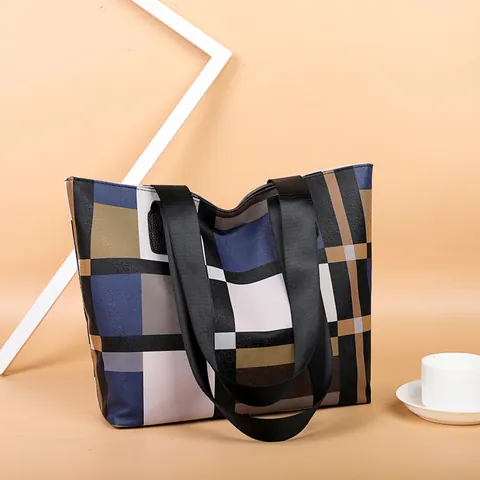 Women Large Capacity Geometric Plaid Tote Bag Oxford Cloth Patchwork Shoulder Bag Casual Daily Work Commute Fashion Handbag