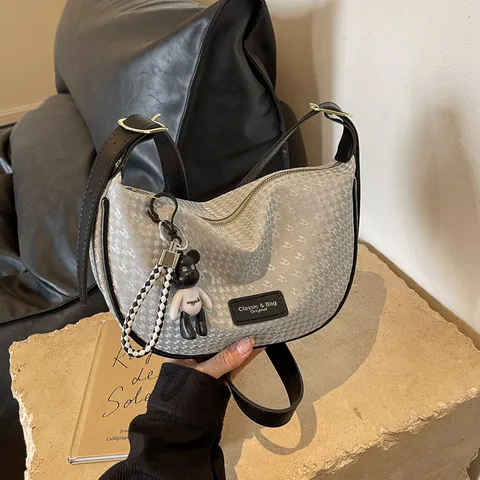 Damen Fashion Hobo Tasche Stern Jacquard Muster Schulter Umhängetasche Mit Bärenanhänger Trendy Nische Luxus Dumpling Purse