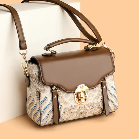 Vintage Chinese Style Women Handbag Jacquard Pattern PU Leather Crossbody Shoulder Bag Large Capacity Fashion Top Handle Bag Gift