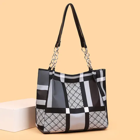 Damen Geometrisches Muster Shopper-Tasche Oxford-Gewebe Große Kapazität Handtasche Mit Kette Modisch Lässig Pendeltasche