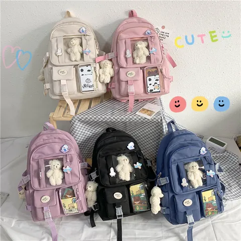 Süßer Koreanischer Stil Mädchen Schulrucksack Oxford-Gewebe Große Kapazität Schüler Schultasche Mit Plüschbär-Anhänger Und Abzeichen Reise Daypack