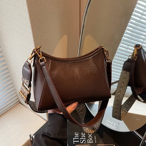 Bolso de Hombro de Media Luna de Cuero de PU Retro para Mujer Bolso Bandolera de Gran Capacidad Con Correa Ancha Estampada de Moda