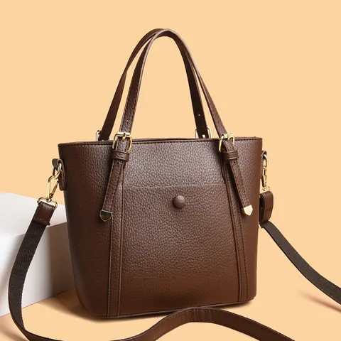 Women Litchi Texture PU Leather Tote Bag Minimalist Crossbody Shoulder Bag With Golden Hardware Adjustable Strap Commuting Handbag