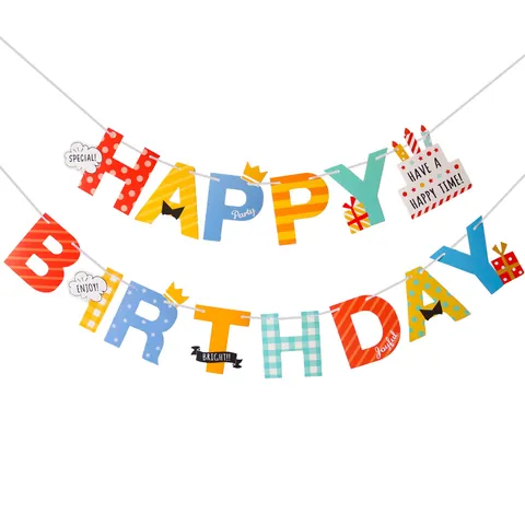 Buntes Happy Birthday Banner Mit Kuchen Krone Mustern Papier Girlande Für Kinder Baby Geburtstag Party Dekoration Layout