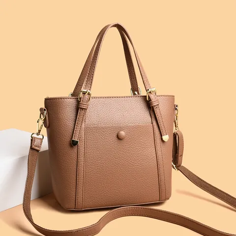 Women Litchi Texture PU Leather Tote Bag Minimalist Crossbody Shoulder Bag With Golden Hardware Adjustable Strap Commuting Handbag