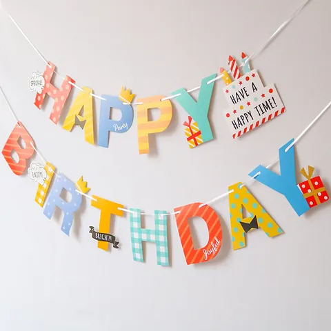 Buntes Happy Birthday Banner Mit Kuchen Krone Mustern Papier Girlande Für Kinder Baby Geburtstag Party Dekoration Layout