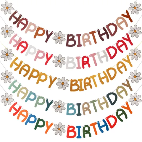 Daisy Happy Birthday Paper Banner Garland For Kids Birthday Party Decoration Floral Bunting Banner Hanging Decor Photo Props