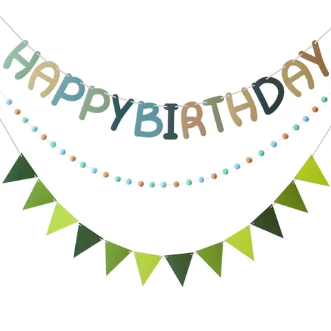 Ins Korean Style Happy Birthday Banner Felt Pompom Garland Triangle Bunting Flag Set For Birthday Party Decoration Supplies