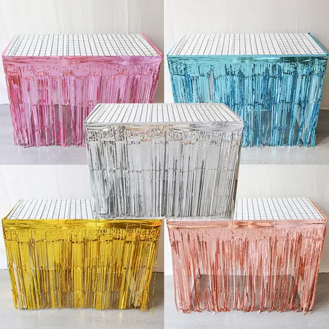 Metallic Foil Fringe Table Skirt Tinsel Table Border For Birthday Party Wedding Decorations Rose Gold Silver Pink Supplies