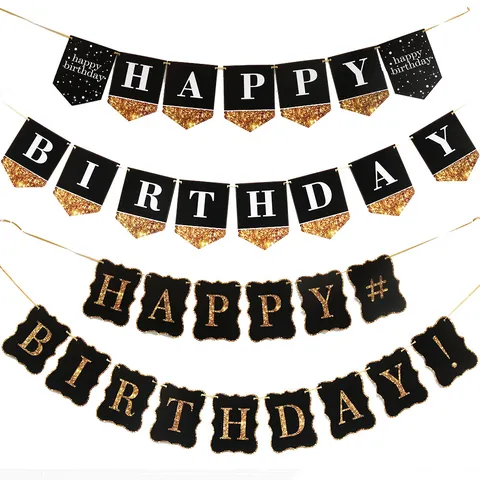 Black Gold Happy Birthday Banner Glitter Paper Bunting Garland Hanging Flag Party Decoration Celebration Supplies