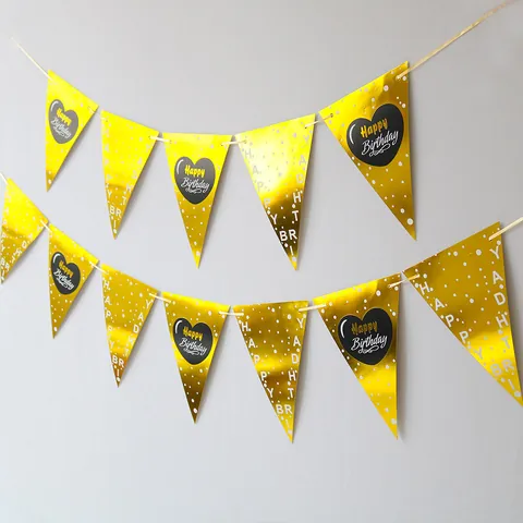 Gold Stamping Happy Birthday Triangle Banner Black Paper Bunting Garland With Heart Polka Dot Pattern For Party Decoration