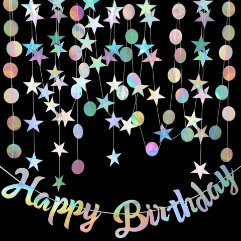 Iridescent Party Decorations Star Circle Garland Happy Birthday Banner Holographic Hanging Streamers For Birthday Wedding Disco Decor