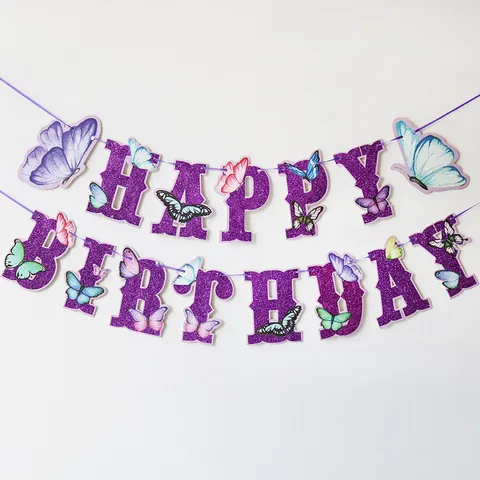 Butterfly Theme Happy Birthday Banner Glitter Purple Pink Paper Bunting For Girls Birthday Party Decoration Hanging Banner