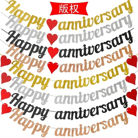 Happy Anniversary Banner Glitter Letter Hanging Garland Heart Bunting For Wedding Anniversary Party Room Decoration Supplies