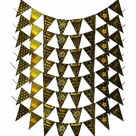 Black Gold Birthday Triangle Banner Milestone Age Bronzing Numbers Birthday Party Decoration Bunting Milestone Anniversary Flag