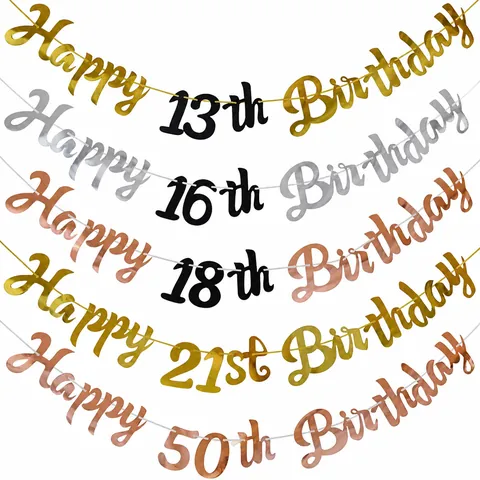 Happy Birthday Banner Metallic Paper Garland Milestone 13 16 18 21 30 40 50 60 Birthday Party Hanging Decoration Bunting