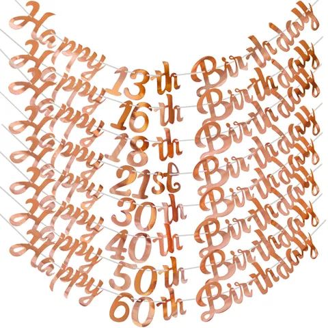 Rose Gold Happy Birthday Banner For Milestone Anniversary Party Decoration Mirror Paper Garland Hanging Celebration Ornament