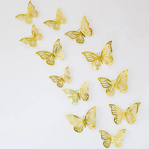 3D Hollow Butterfly Wall Stickers Gold Silver Rose Gold Metallic PET DIY Home Art Decor For Living Room Wedding Party