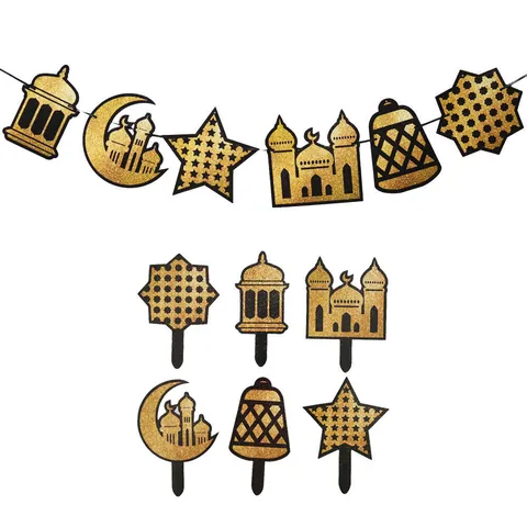 Set di Striscioni e Decorazioni per Torte Eid Mubarak in Carta Glitterata Oro Nero Castello Luna Lettera Ghirlanda Ramadan