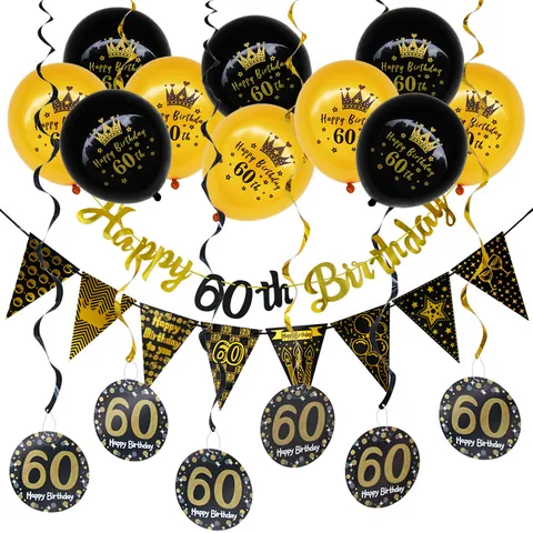Kit Decorazione Festa Compleanno Oro Nero Striscione Happy Birthday Palloncini Lattice Spirali Per Celebrazione Compleanno