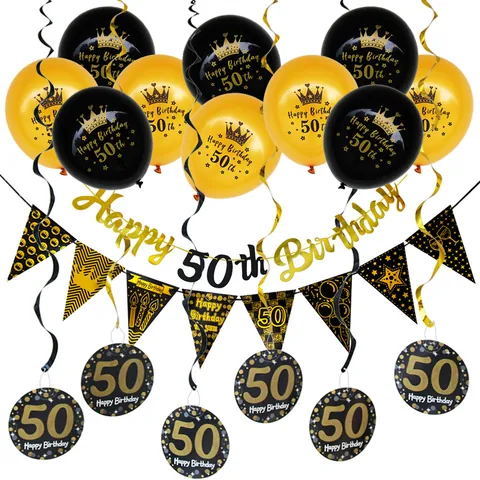 Kit Decorazione Festa Compleanno Oro Nero Striscione Happy Birthday Palloncini Lattice Spirali Per Celebrazione Compleanno