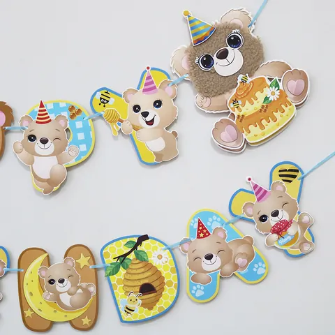 Cartoon Bear Bee Happy Birthday Banner Set Sherpa Cardboard Hanging Banner For Kids Birthday Party Celebration Decor