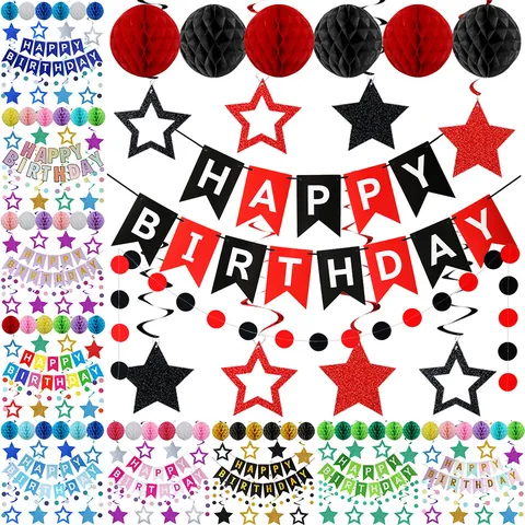 Happy Birthday Decoration Set With Paper Honeycomb Balls Star Spirals Banner For Birthday Party Events Supplies Multicolor Hanging Ornaments