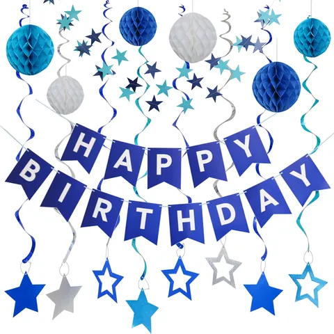 Happy Birthday Decoration Set With Paper Honeycomb Balls Star Spirals Banner For Birthday Party Events Supplies Multicolor Hanging Ornaments