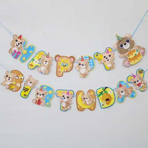 Cartoon Bear Bee Happy Birthday Banner Set Sherpa Cardboard Hanging Banner For Kids Birthday Party Celebration Decor